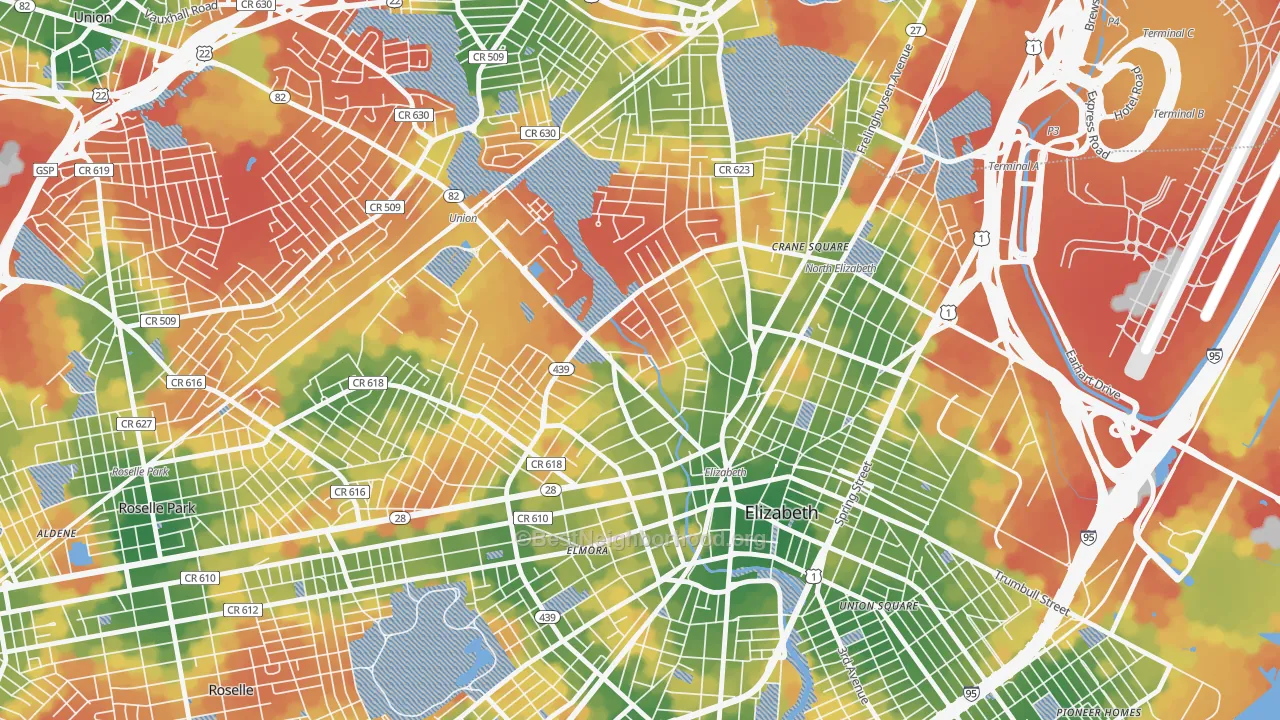 Walk Grade map of 07208, NJ, walkable areas in green and car-dependent areas in red