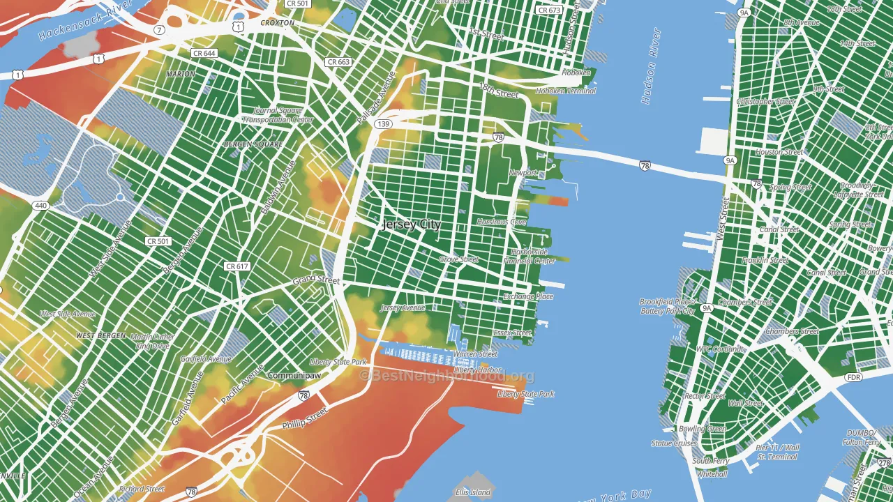 Walk Grade map of 07302, NJ, walkable areas in green and car-dependent areas in red