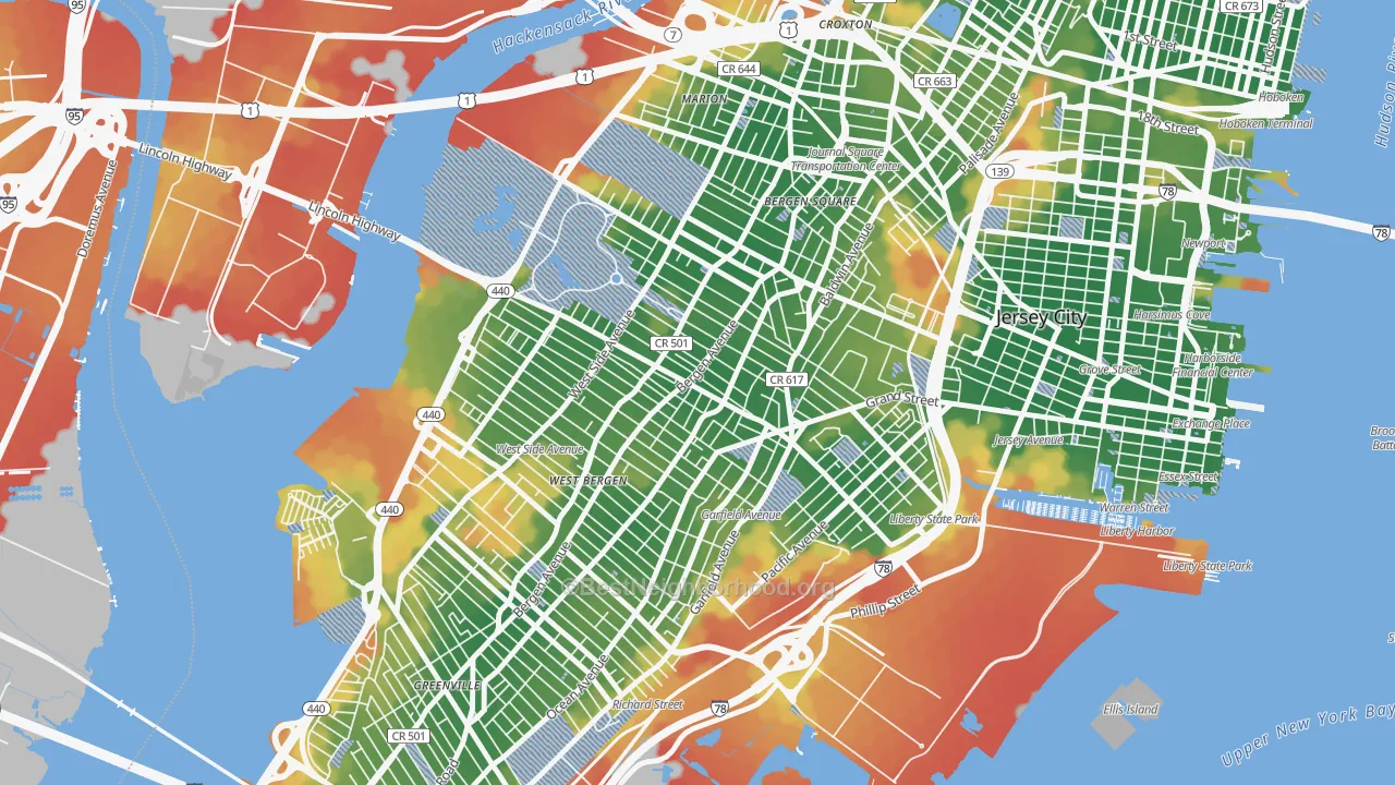 Walk Grade map of 07304, NJ, walkable areas in green and car-dependent areas in red