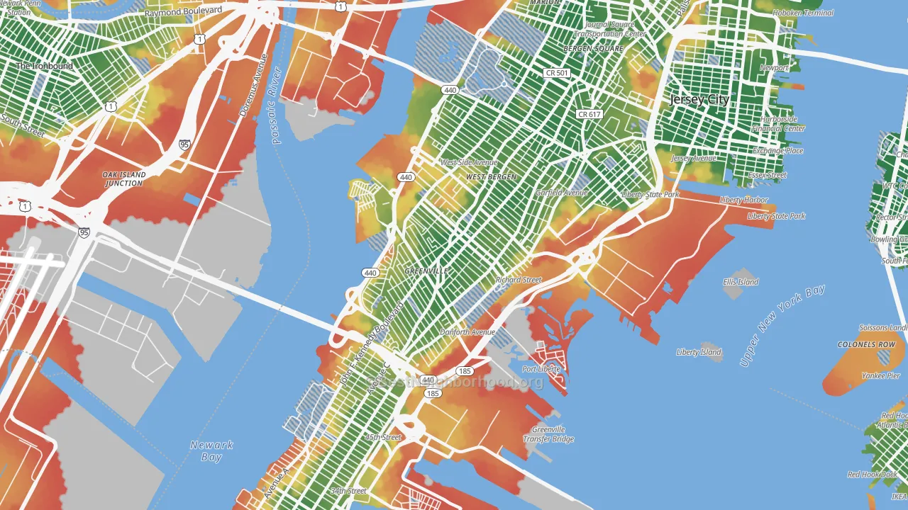 Walk Grade map of 07305, NJ, walkable areas in green and car-dependent areas in red