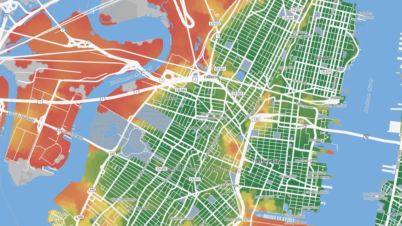 Walk Grade map of 07306, NJ, walkable areas in green and car-dependent areas in red
