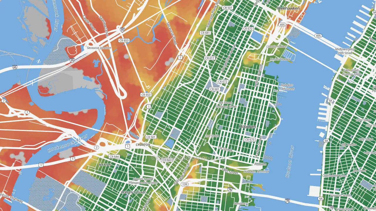 Walk Grade map of 07307, NJ, walkable areas in green and car-dependent areas in red