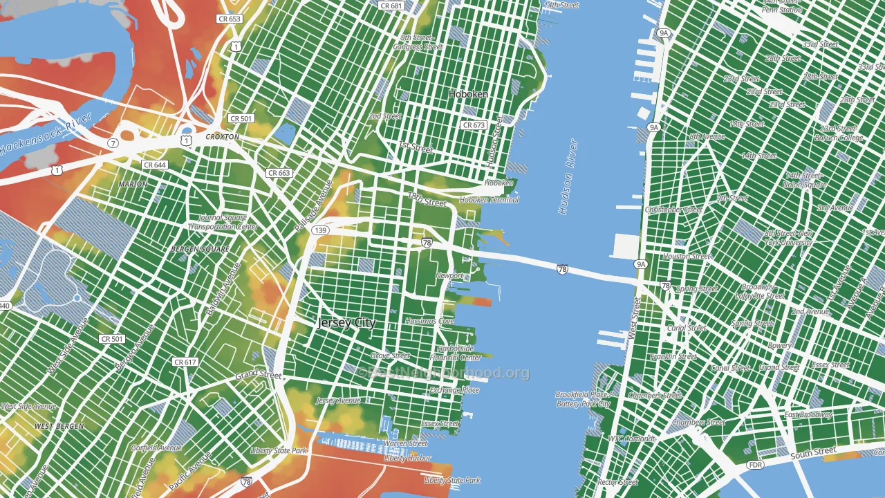 Walk Grade map of 07310, NJ, walkable areas in green and car-dependent areas in red