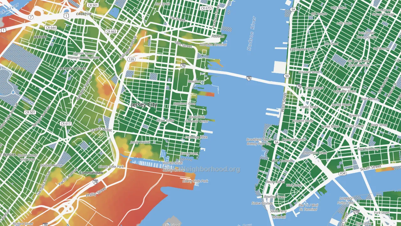 Walk Grade map of 07311, NJ, walkable areas in green and car-dependent areas in red