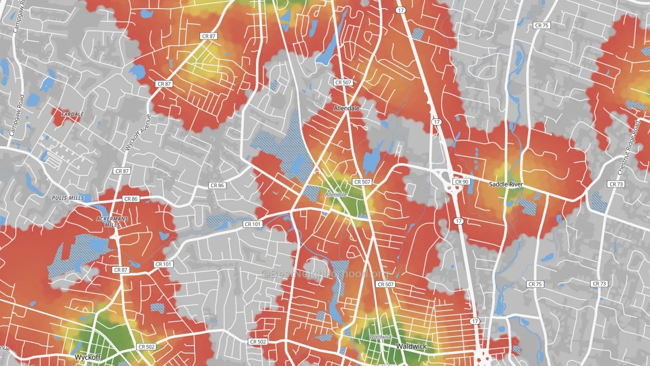 Walk Grade map of 07401, NJ, walkable areas in green and car-dependent areas in red