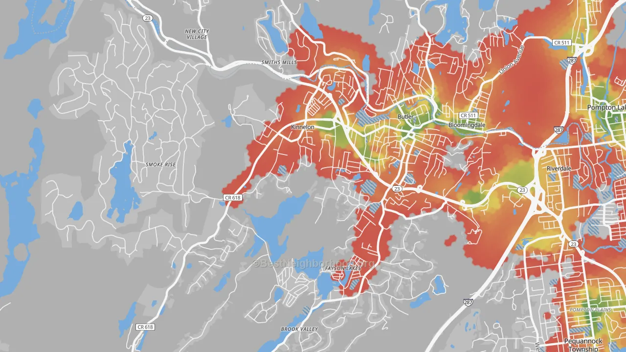 Walk Grade map of 07405, NJ, walkable areas in green and car-dependent areas in red