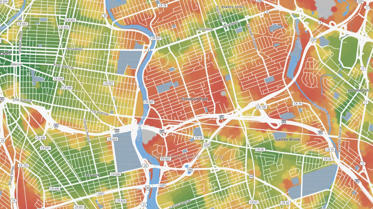 Walk Grade map of 07407, NJ, walkable areas in green and car-dependent areas in red