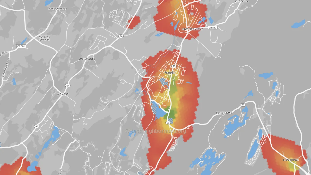 Walk Grade map of 07416, NJ, walkable areas in green and car-dependent areas in red