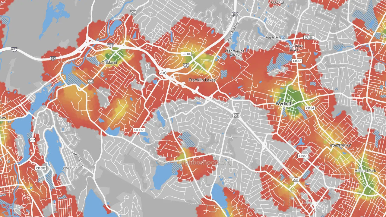 Walk Grade map of 07417, NJ, walkable areas in green and car-dependent areas in red