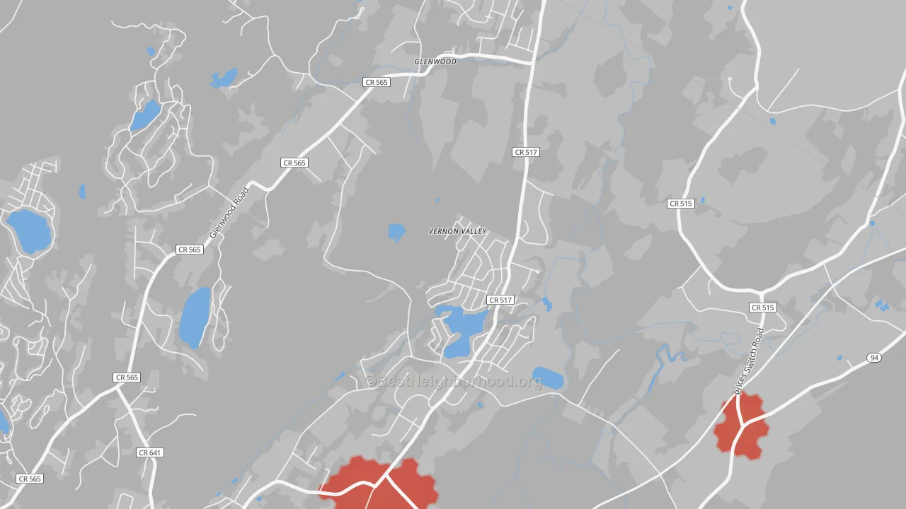 Walk Grade map of 07418, NJ, walkable areas in green and car-dependent areas in red