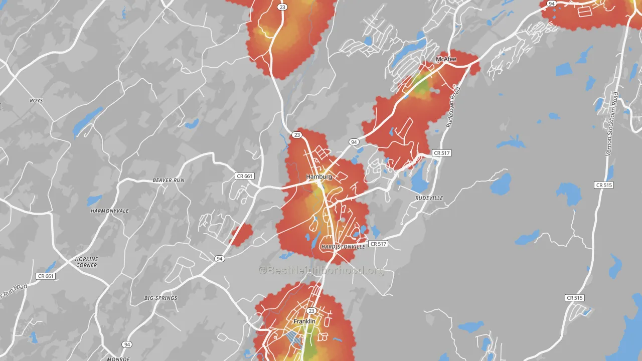 Walk Grade map of 07419, NJ, walkable areas in green and car-dependent areas in red