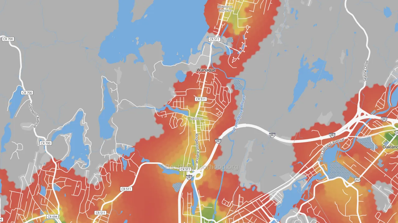 Walk Grade map of 07420, NJ, walkable areas in green and car-dependent areas in red