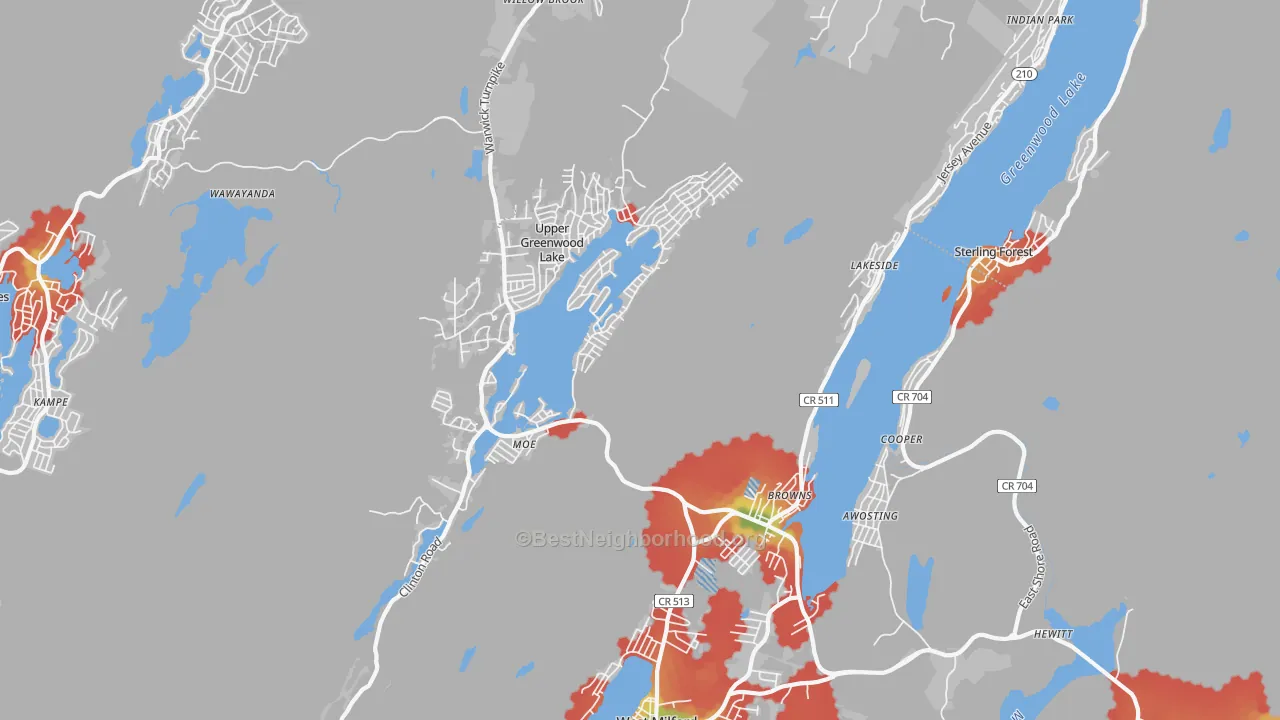 Walk Grade map of 07421, NJ, walkable areas in green and car-dependent areas in red