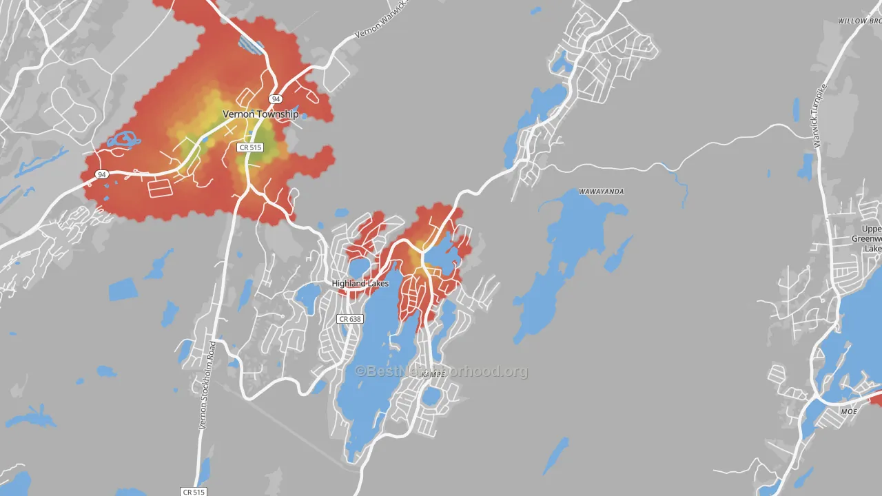Walk Grade map of 07422, NJ, walkable areas in green and car-dependent areas in red
