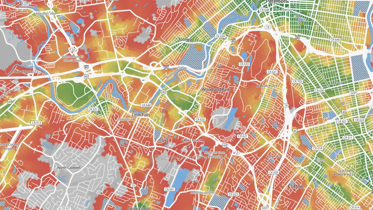 Walk Grade map of 07424, NJ, walkable areas in green and car-dependent areas in red
