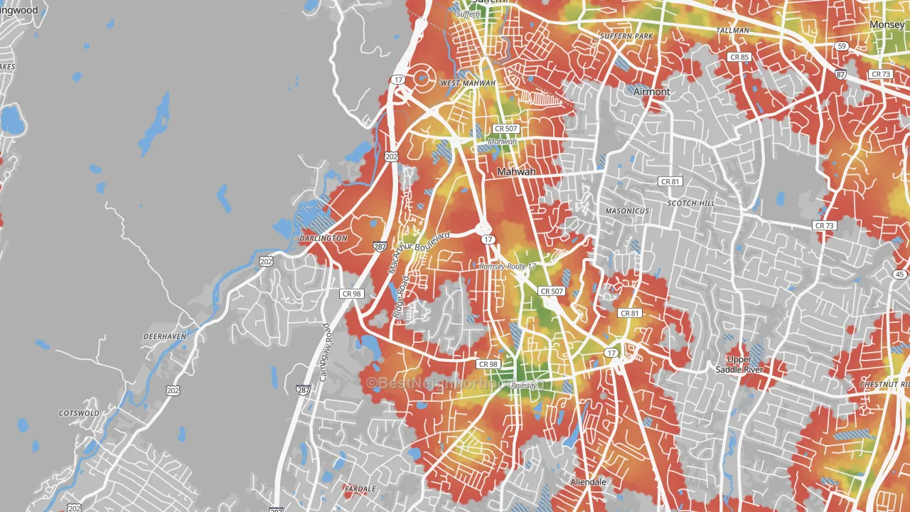 Walk Grade map of 07430, NJ, walkable areas in green and car-dependent areas in red