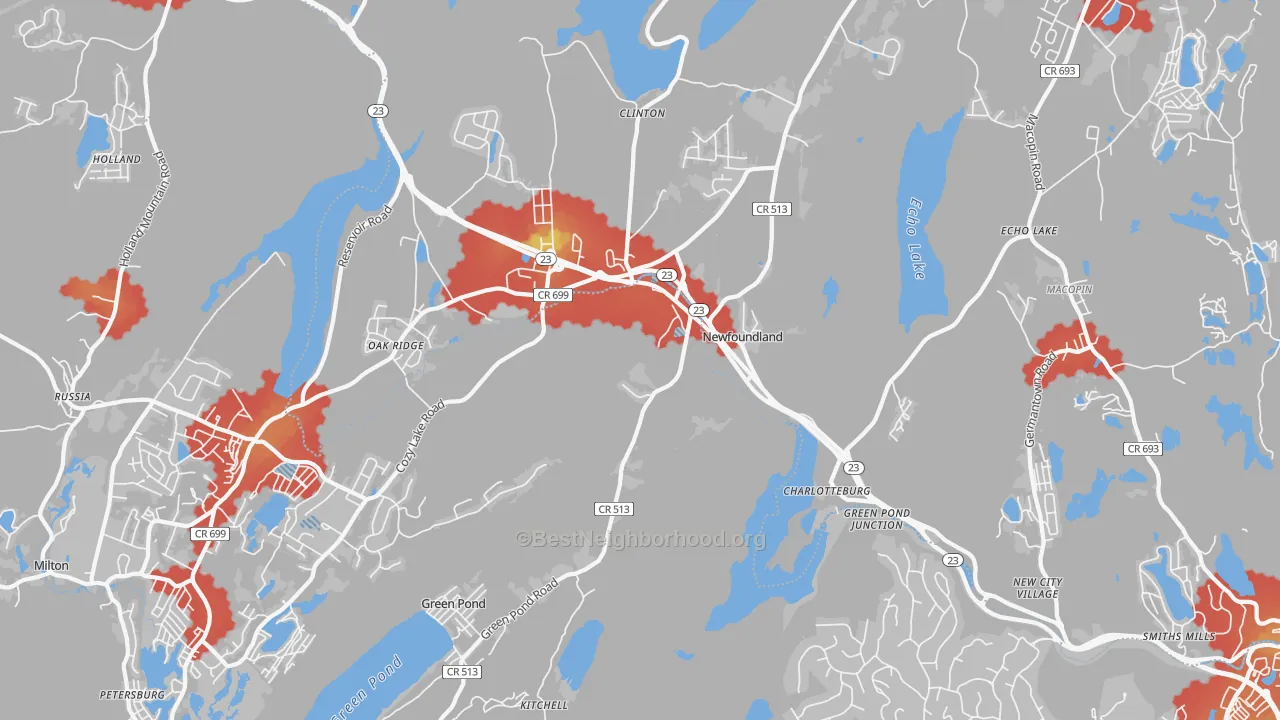 Walk Grade map of 07435, NJ, walkable areas in green and car-dependent areas in red