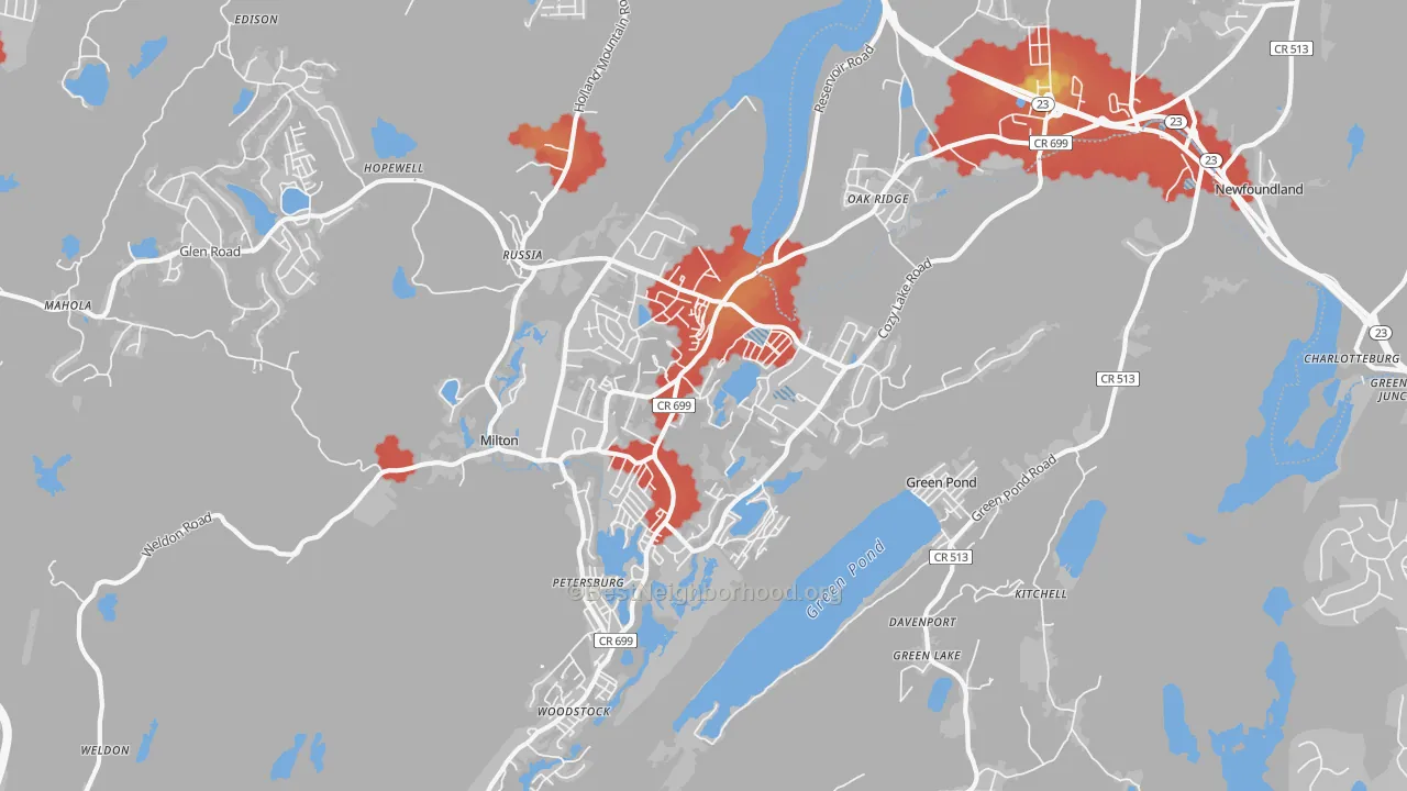 Walk Grade map of 07438, NJ, walkable areas in green and car-dependent areas in red