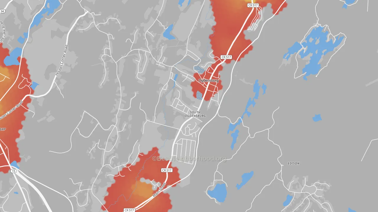 Walk Grade map of 07439, NJ, walkable areas in green and car-dependent areas in red