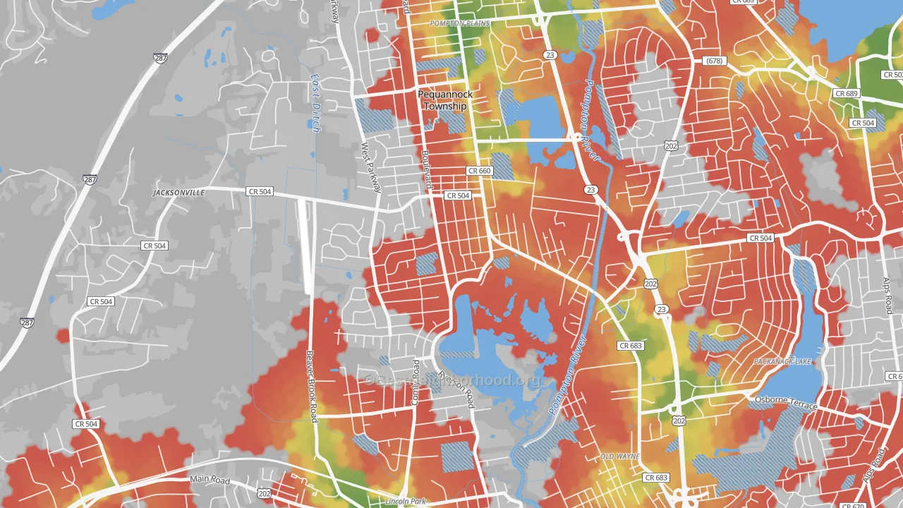 Walk Grade map of 07440, NJ, walkable areas in green and car-dependent areas in red
