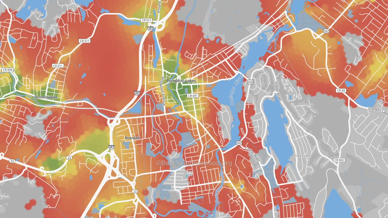 Walk Grade map of 07442, NJ, walkable areas in green and car-dependent areas in red