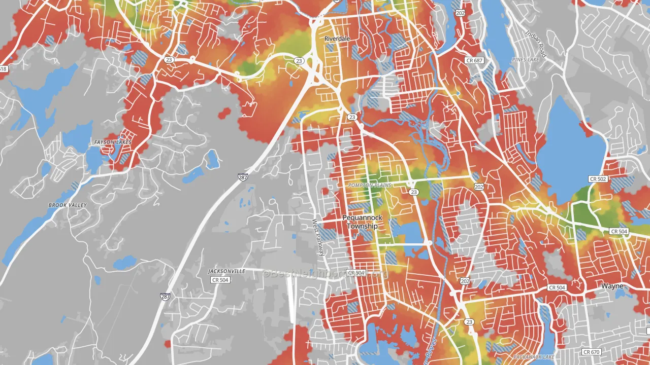 Walk Grade map of 07444, NJ, walkable areas in green and car-dependent areas in red