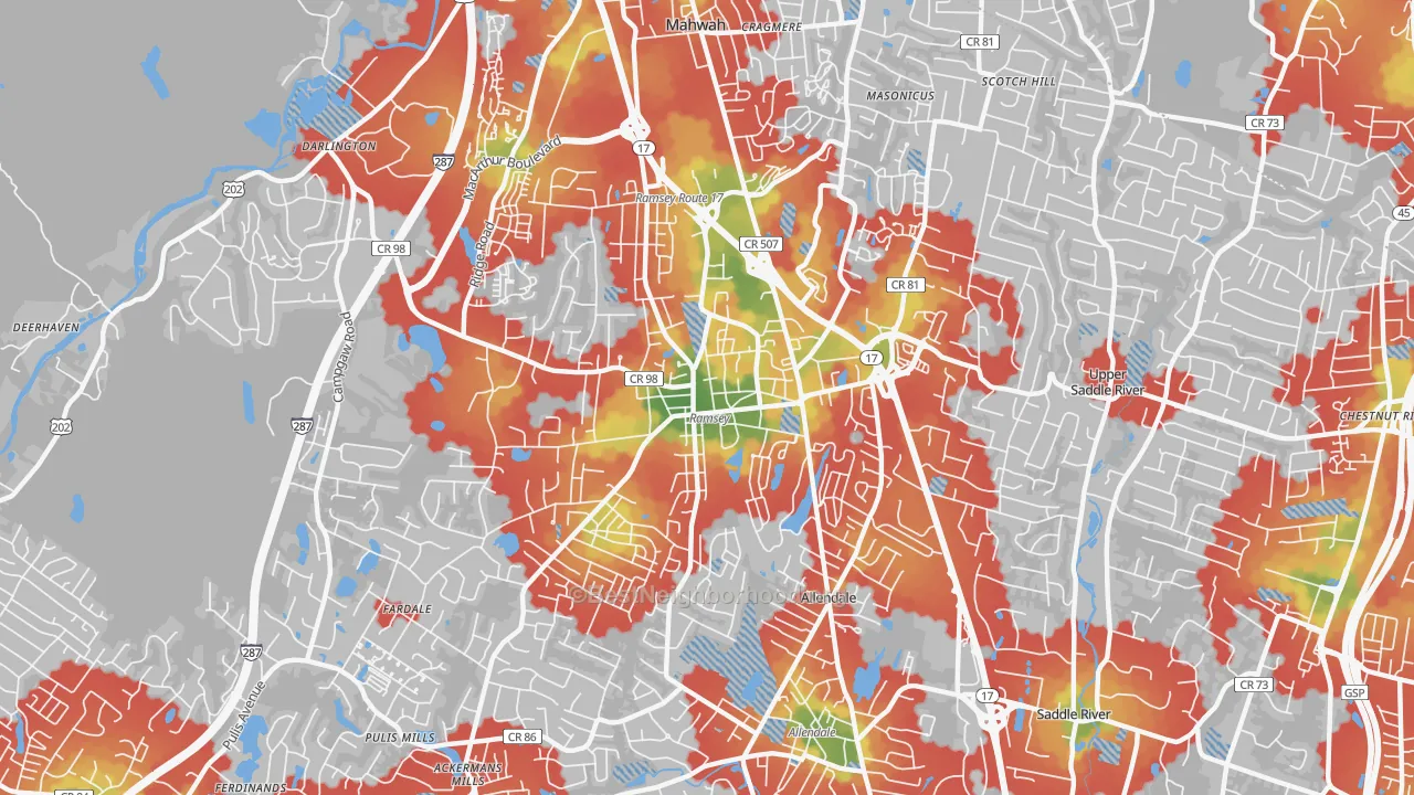 Walk Grade map of 07446, NJ, walkable areas in green and car-dependent areas in red