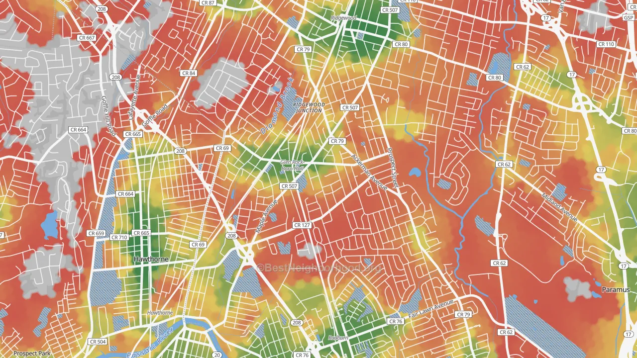 Walk Grade map of 07452, NJ, walkable areas in green and car-dependent areas in red