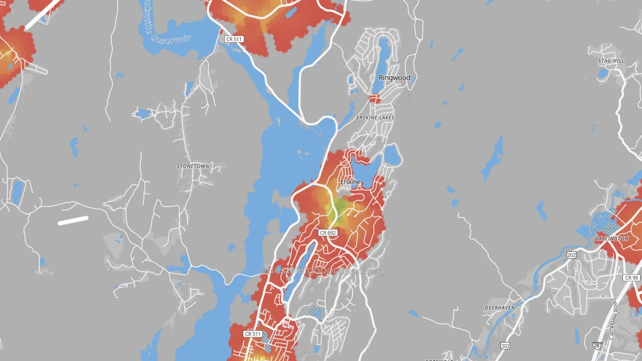 Walk Grade map of 07456, NJ, walkable areas in green and car-dependent areas in red