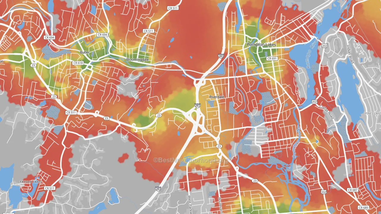 Walk Grade map of 07457, NJ, walkable areas in green and car-dependent areas in red
