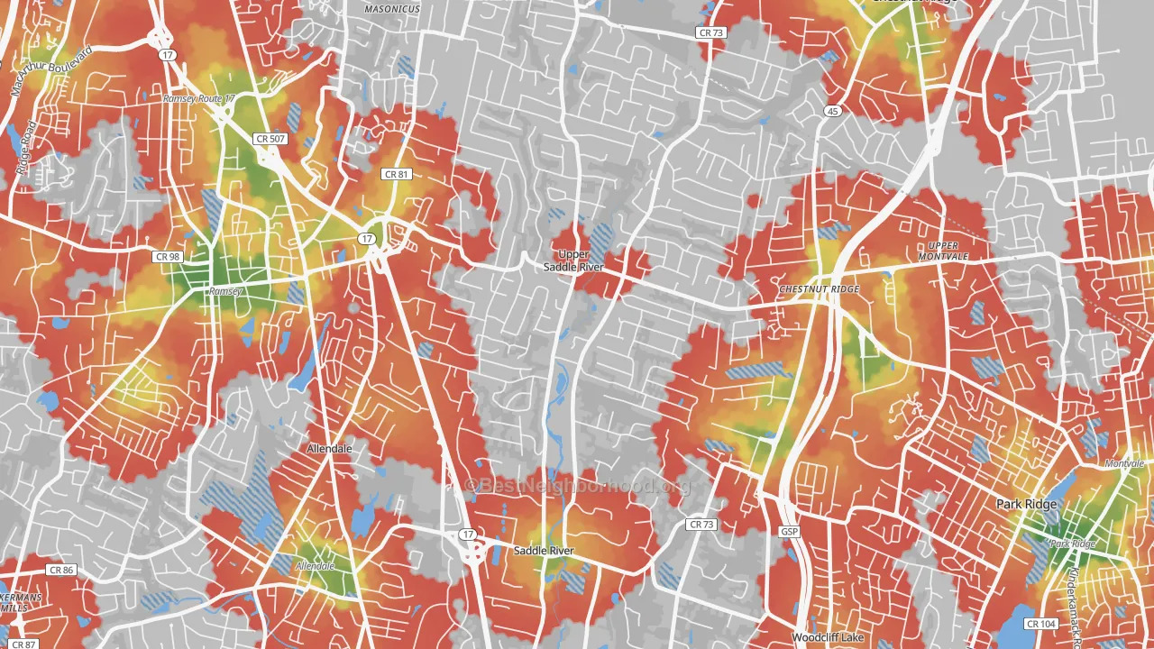 Walk Grade map of 07458, NJ, walkable areas in green and car-dependent areas in red