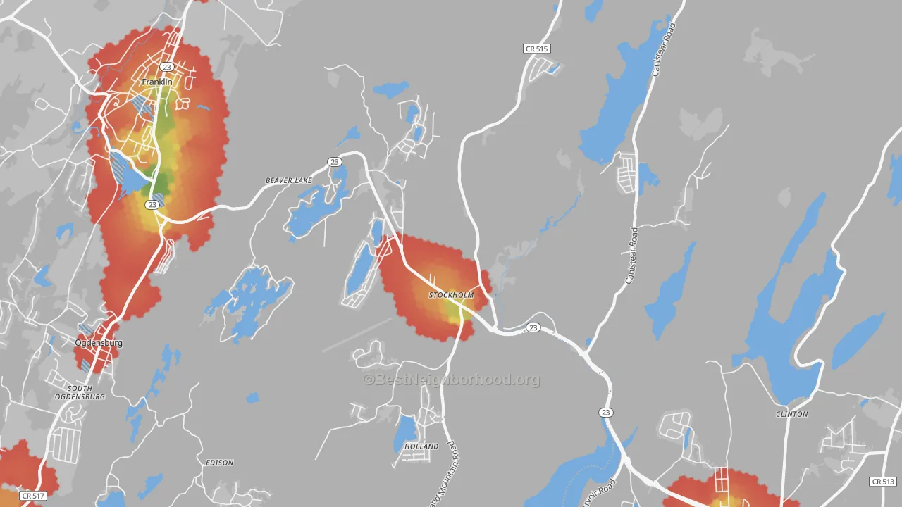 Walk Grade map of 07460, NJ, walkable areas in green and car-dependent areas in red