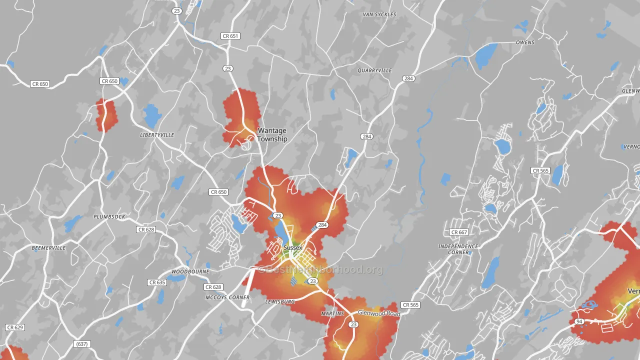 Walk Grade map of 07461, NJ, walkable areas in green and car-dependent areas in red