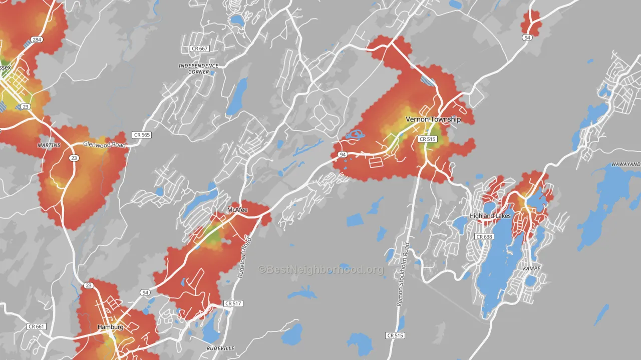 Walk Grade map of 07462, NJ, walkable areas in green and car-dependent areas in red