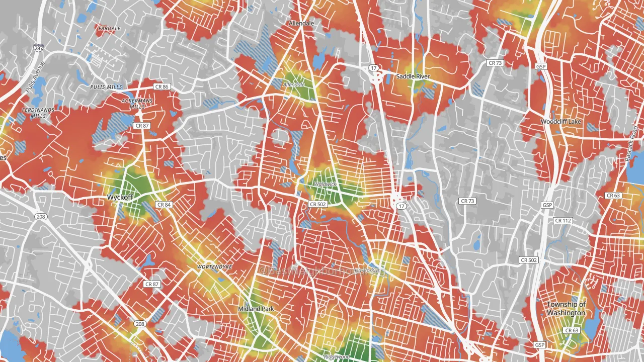 Walk Grade map of 07463, NJ, walkable areas in green and car-dependent areas in red
