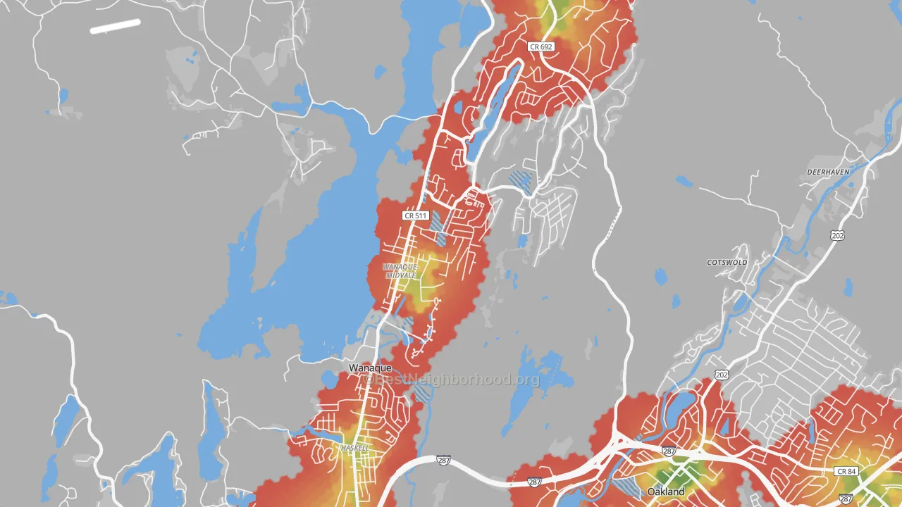 Walk Grade map of 07465, NJ, walkable areas in green and car-dependent areas in red