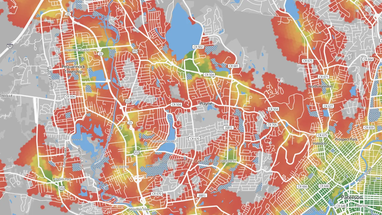 Walk Grade map of 07470, NJ, walkable areas in green and car-dependent areas in red