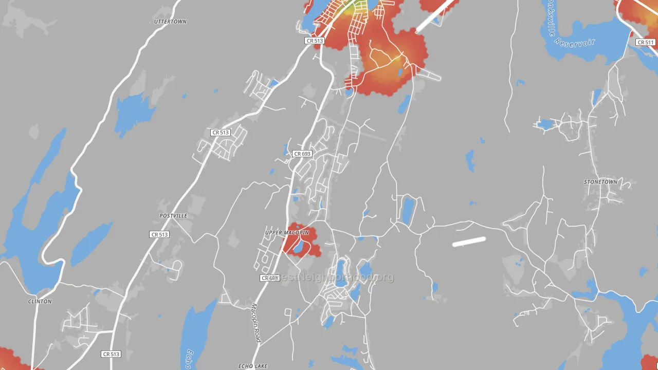 Walk Grade map of 07480, NJ, walkable areas in green and car-dependent areas in red