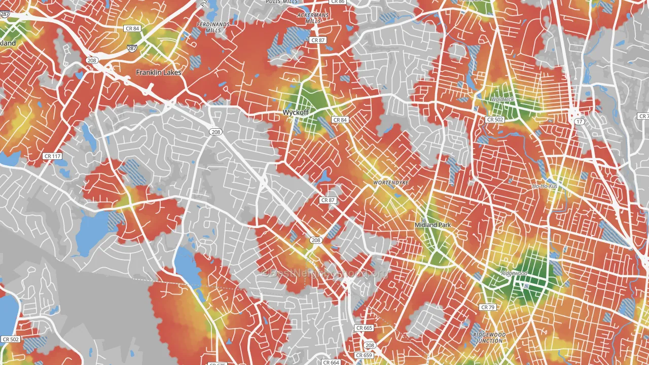 Walk Grade map of 07481, NJ, walkable areas in green and car-dependent areas in red
