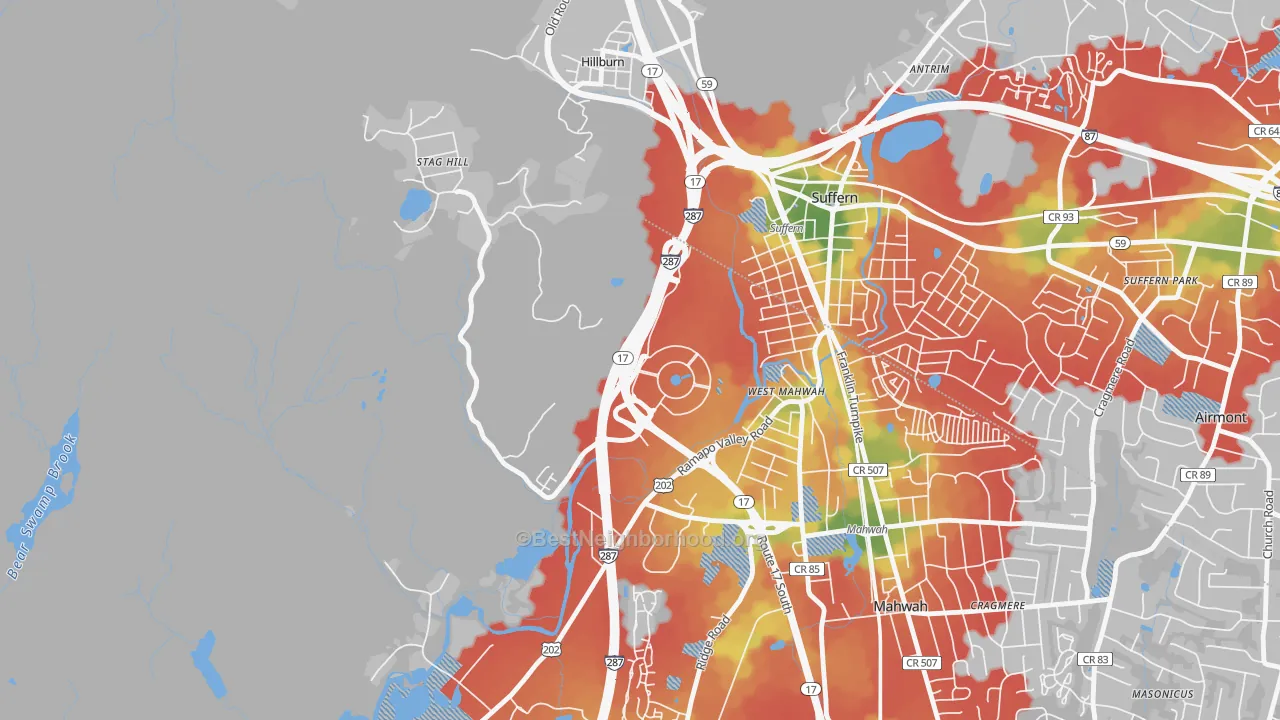 Walk Grade map of 07495, NJ, walkable areas in green and car-dependent areas in red