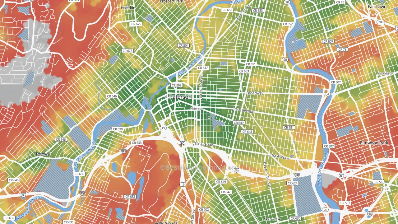 Walk Grade map of 07501, NJ, walkable areas in green and car-dependent areas in red