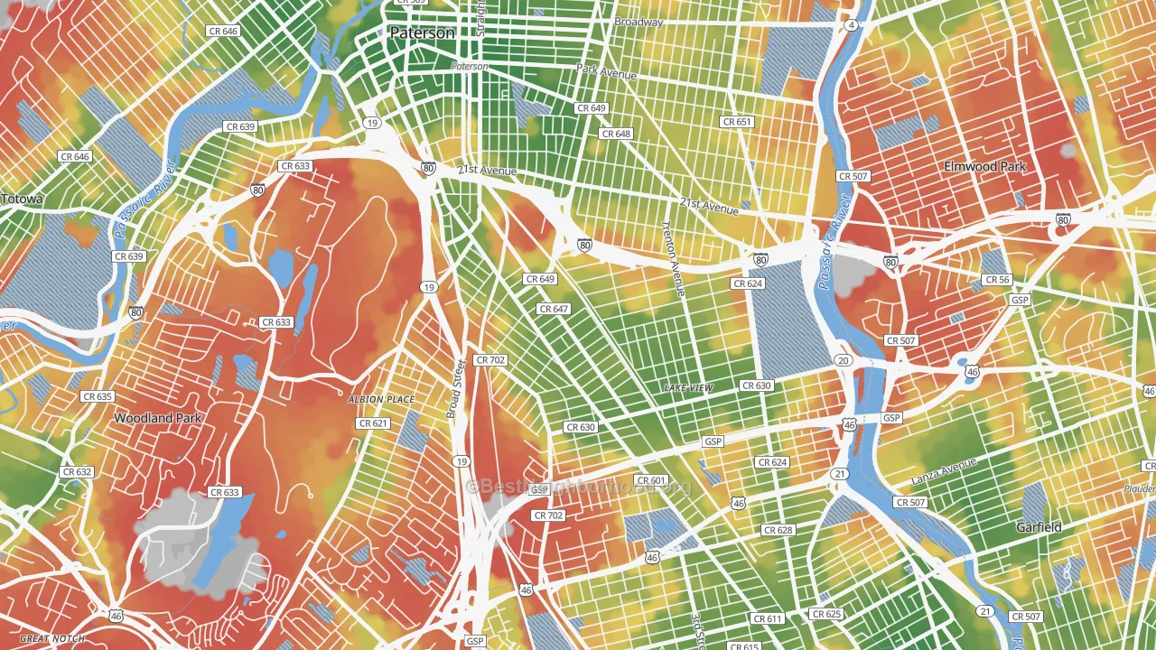 Walk Grade map of 07503, NJ, walkable areas in green and car-dependent areas in red