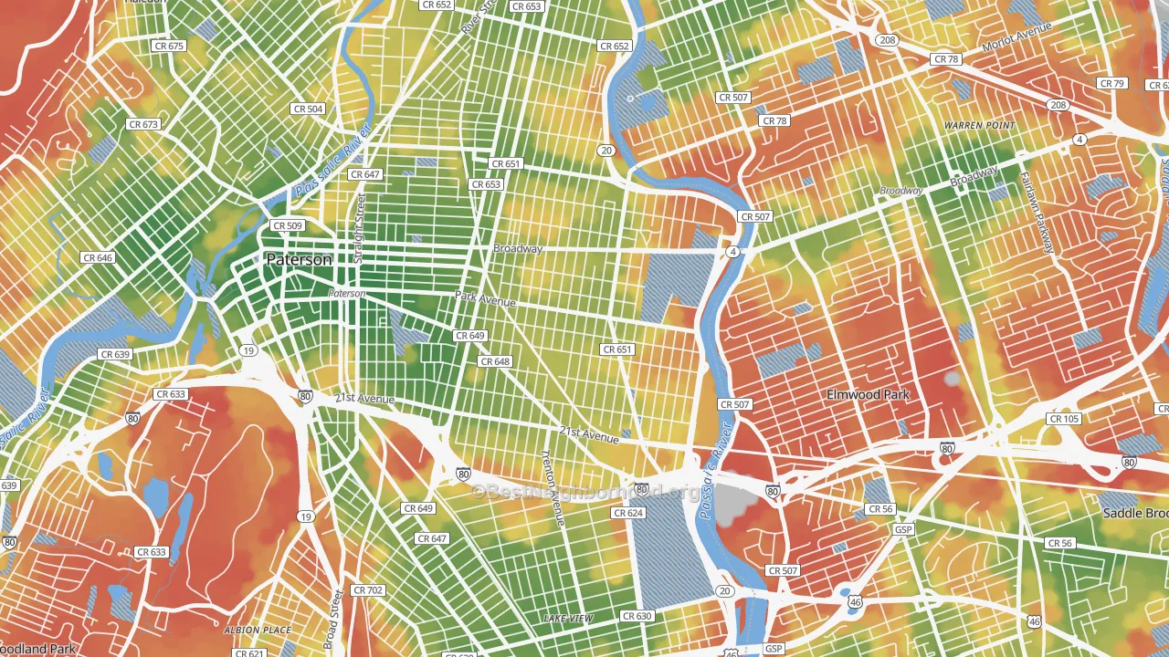 Walk Grade map of 07504, NJ, walkable areas in green and car-dependent areas in red