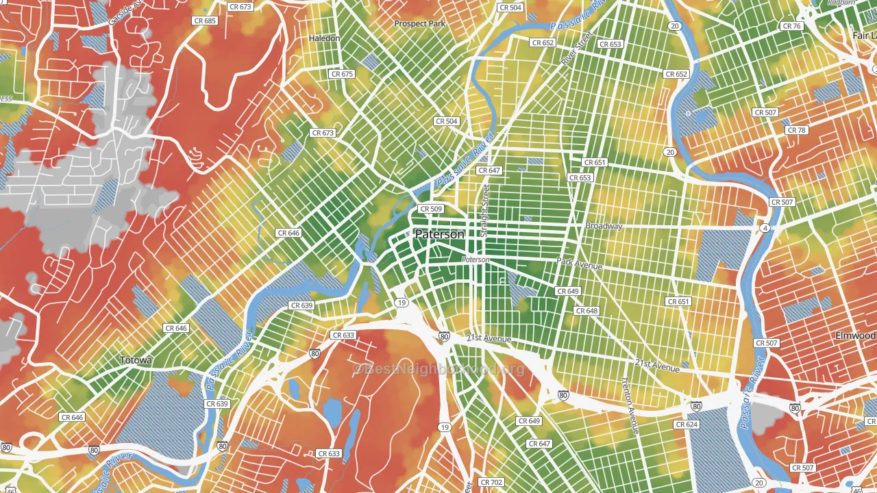 Walk Grade map of 07505, NJ, walkable areas in green and car-dependent areas in red