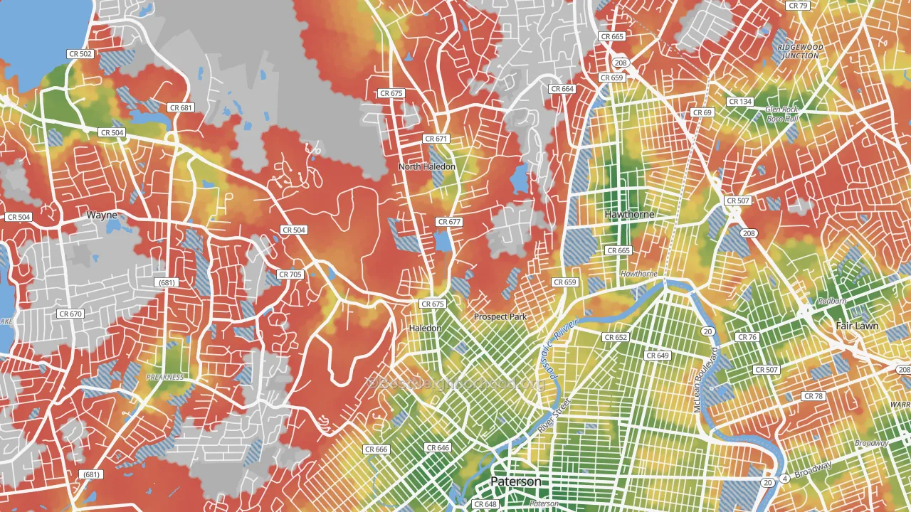 Walk Grade map of 07508, NJ, walkable areas in green and car-dependent areas in red