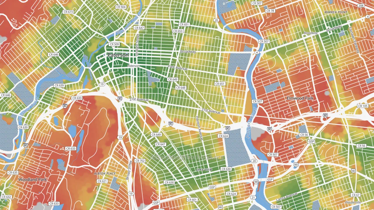 Walk Grade map of 07513, NJ, walkable areas in green and car-dependent areas in red