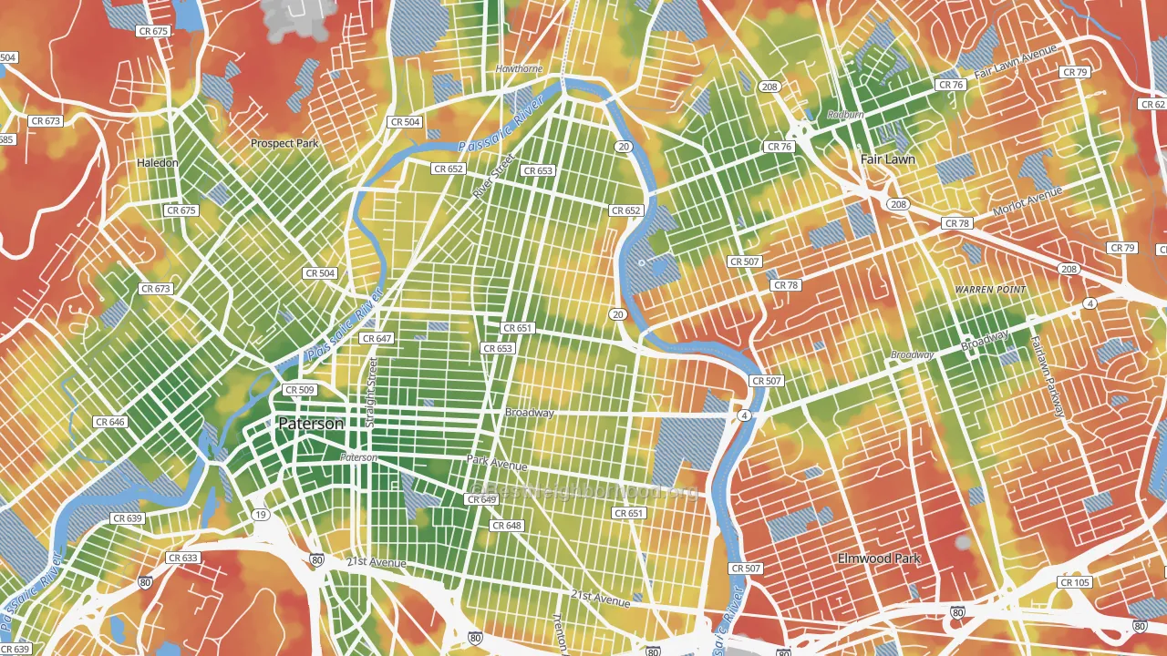 Walk Grade map of 07514, NJ, walkable areas in green and car-dependent areas in red