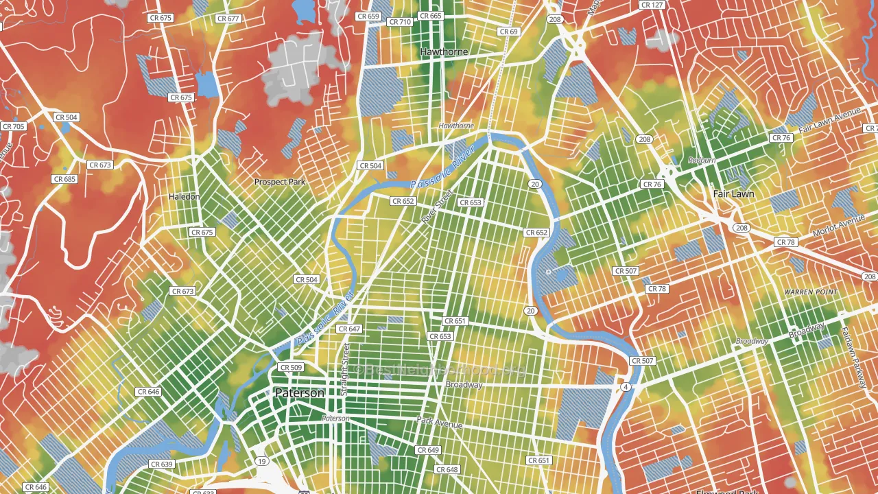 Walk Grade map of 07524, NJ, walkable areas in green and car-dependent areas in red