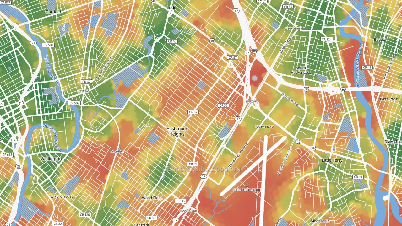 Walk Grade map of 07604, NJ, walkable areas in green and car-dependent areas in red