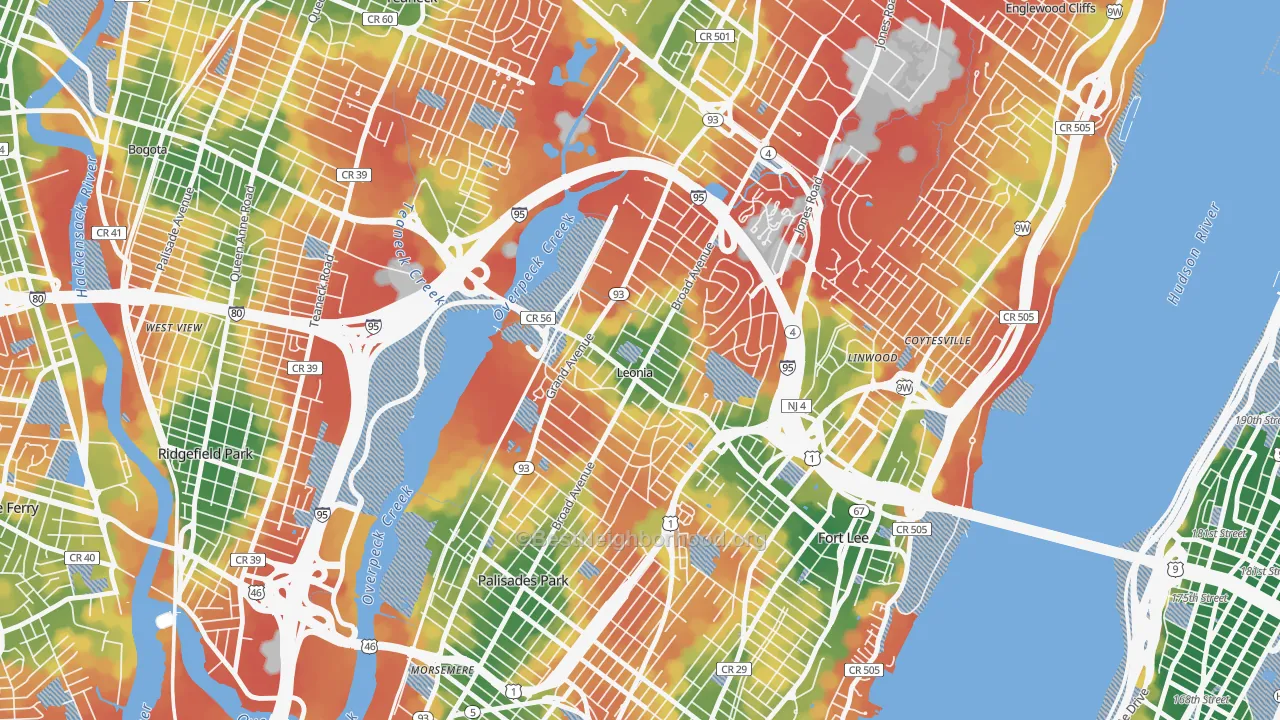 Walk Grade map of 07605, NJ, walkable areas in green and car-dependent areas in red